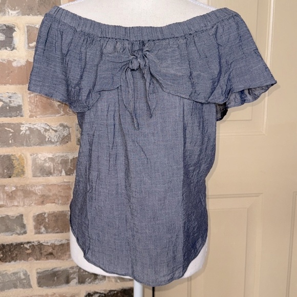 Naked Zebra Chambray Peasant Off-Shoulder Swing Top Ruffle & Tie Detail Sz Large - Picture 10 of 12